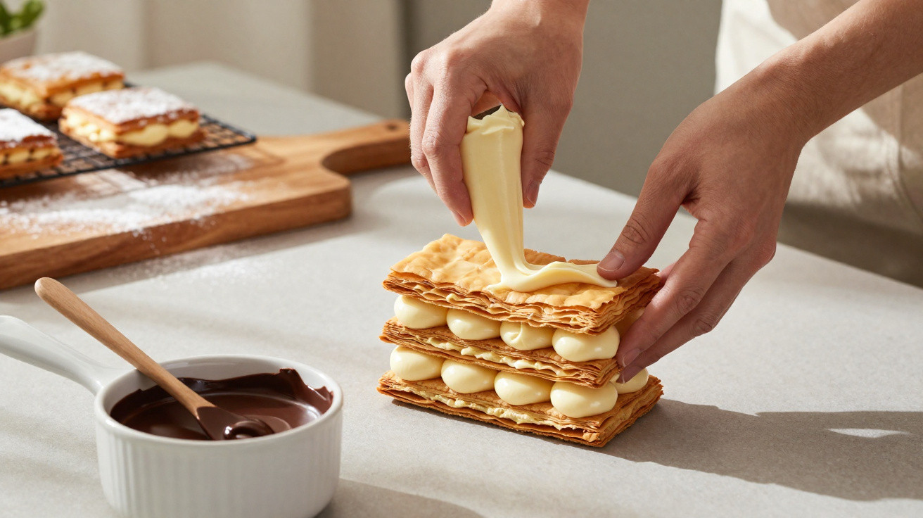 Mãos a montar um mil-folhas com creme, massa folhada e chocolate numa bancada de cozinha moderna.