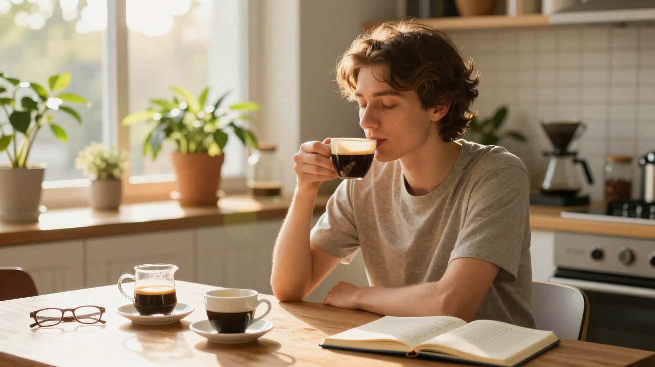 Jovem a beber café sentado numa mesa de cozinha com livro aberto e óculos.