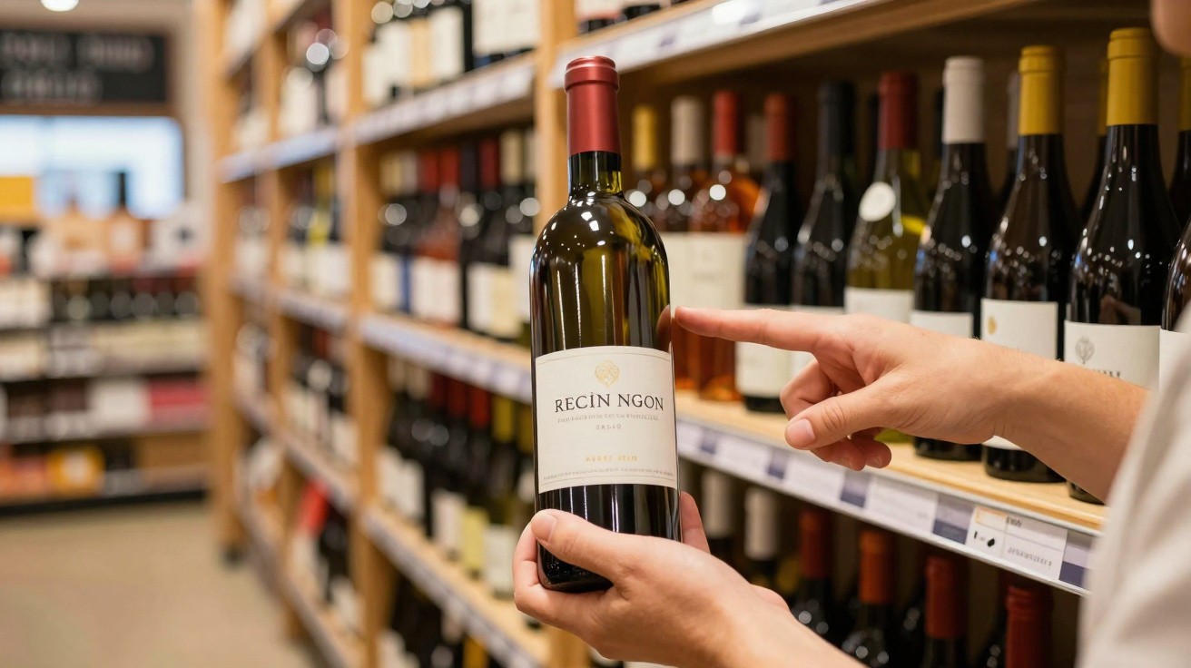Pessoa segura garrafa de vinho branco numa adega, com prateleiras cheias de garrafas ao fundo.