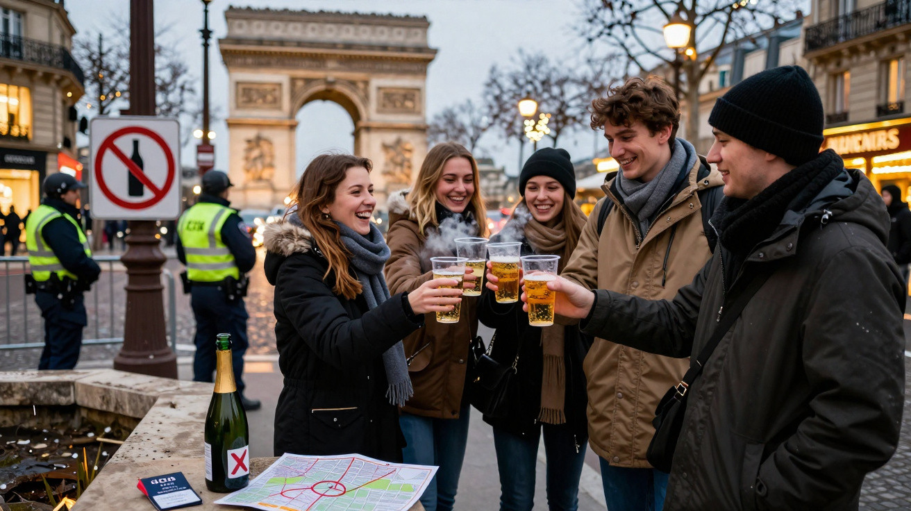 Grupo de jovens brindando com copos na avenida perto do Arco do Triunfo, Paris, com polícia ao fundo.