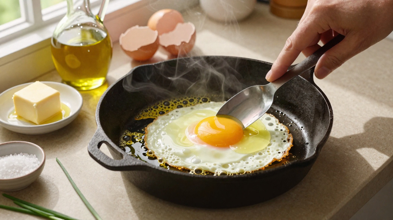 Ovos a fritar numa frigideira de ferro com manteiga, azeite e sal à volta, mão segurando uma colher.
