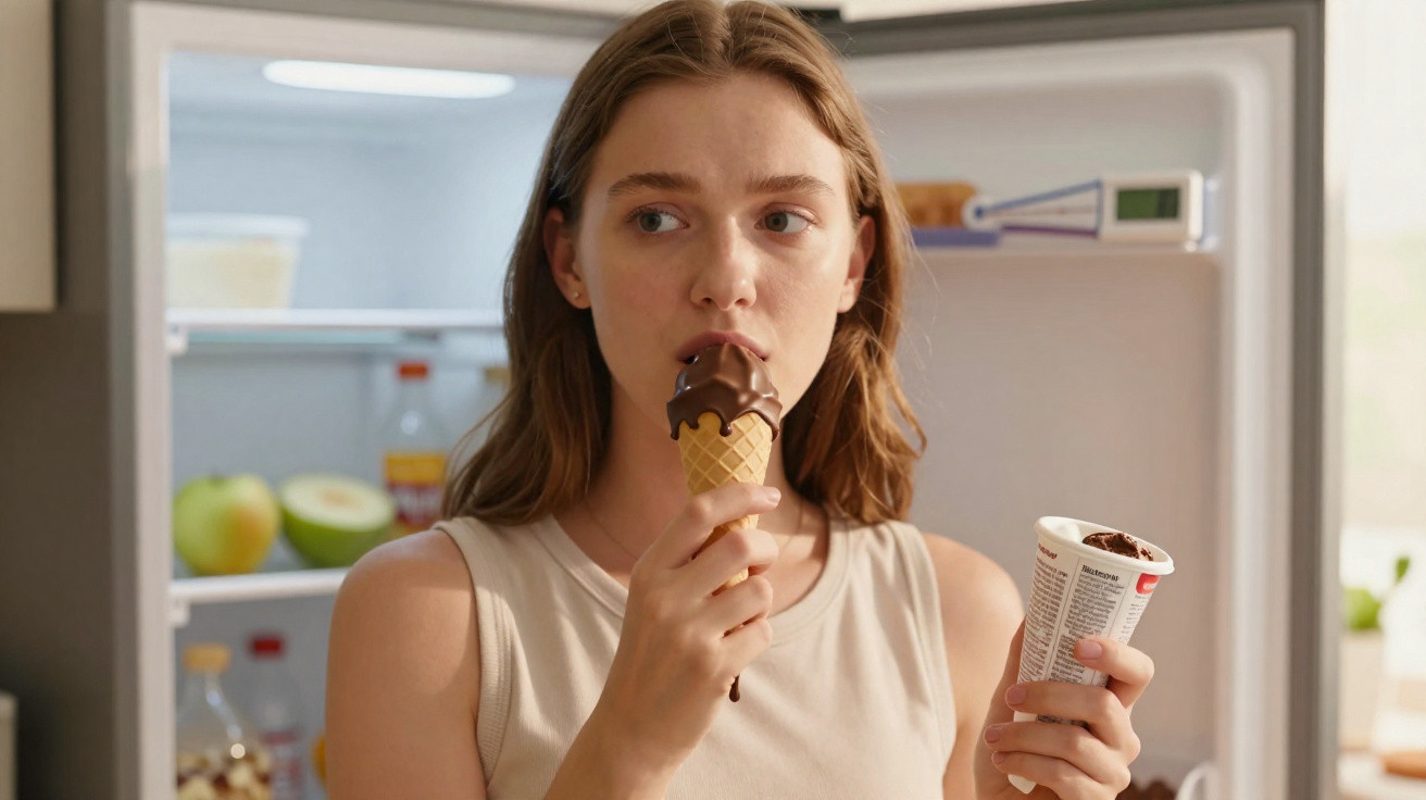 Mulher a saborear gelado de chocolate com gelado derretido em cone, em frente ao frigorífico aberto.