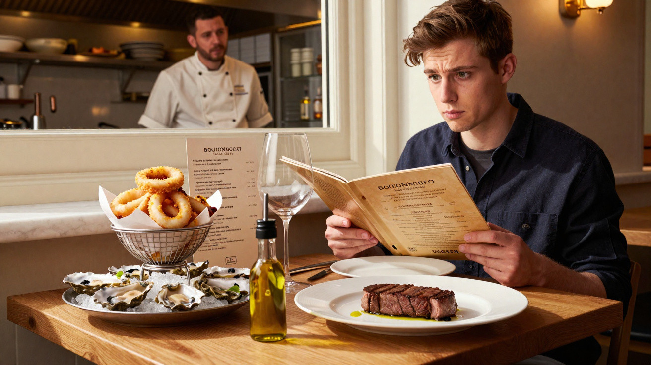 Homem sentado a olhar o menu num restaurante, com pratos e um garfo à sua frente e um cozinheiro ao fundo.