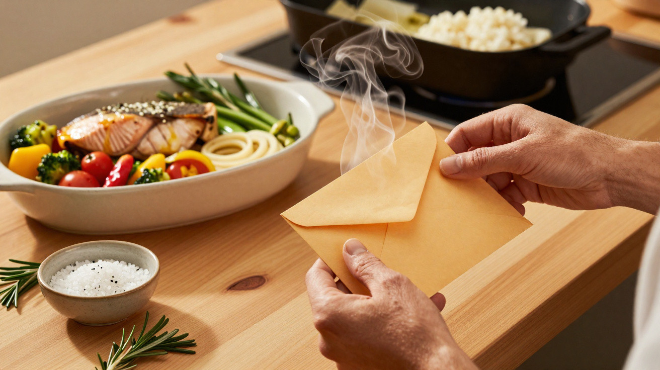 Mãos a abrir um envelope fumegante numa mesa com comida caseira, arroz e sal com alecrim.