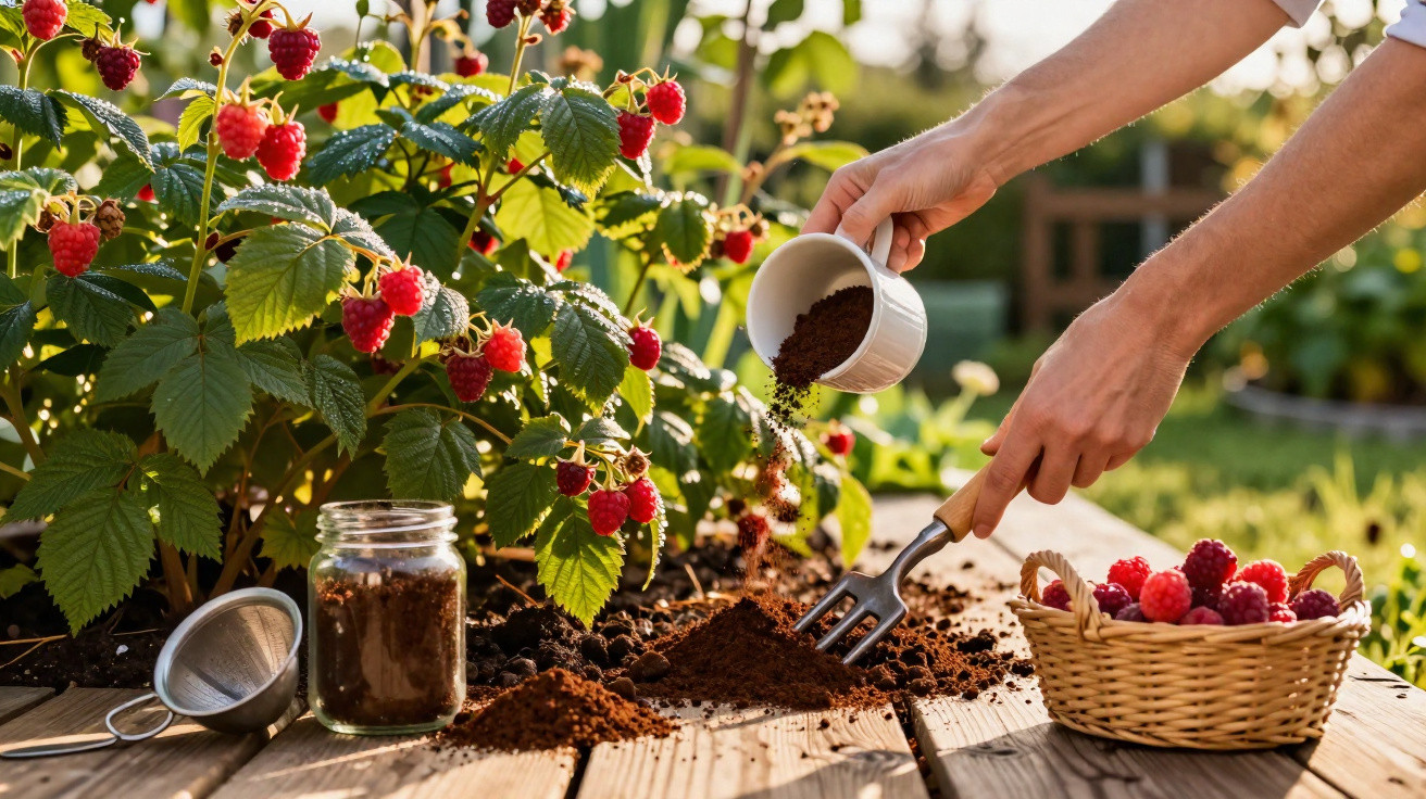Mãos a trabalhar terra junto a plantas de framboesa vermelha num jardim com cesta cheia de frutos.