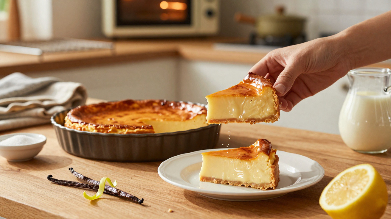 Mão a servir fatia cremosa de pastel de nata numa cozinha com limão, baunilha e açúcar na mesa.