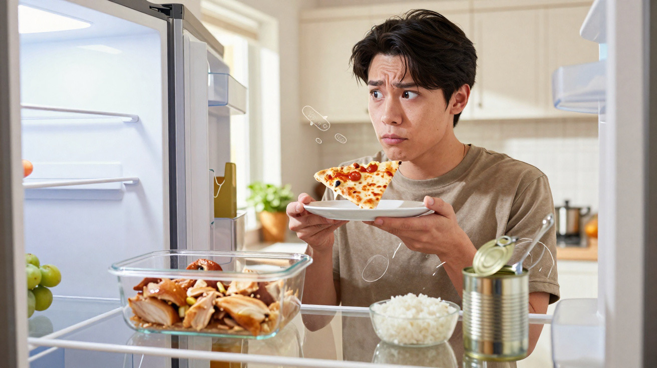 Homem a comer uma fatia de pizza em frente a um frigorífico aberto com comida e ícones de bactérias visíveis.