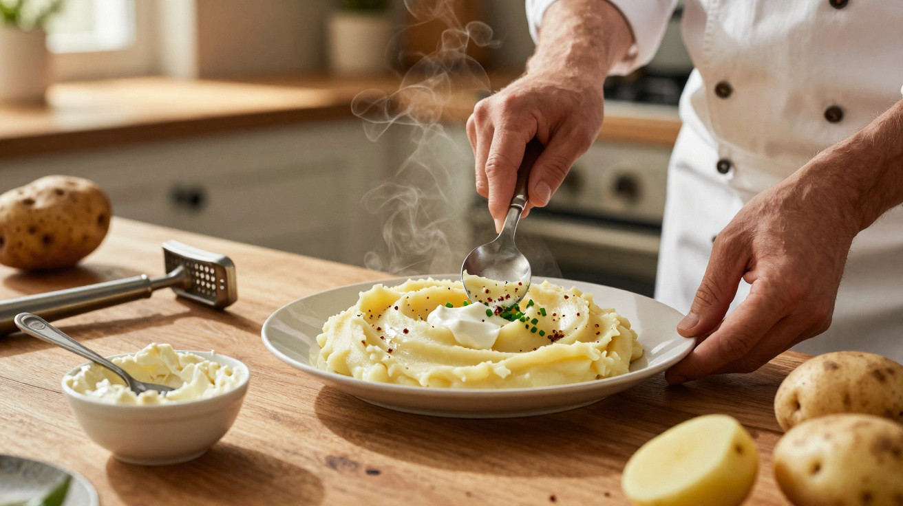Pessoa a decorar puré de batata com natas e ervas num prato branco numa cozinha.
