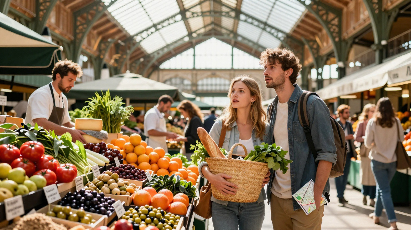 Casal jovem compra legumes e frutas frescas num mercado coberto com outros clientes ao fundo.