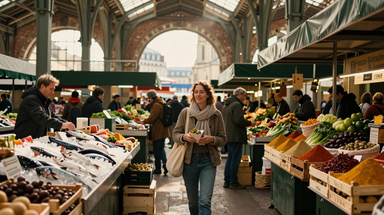 Homem sorridente com cachecol a segurar comida num mercado coberto com bancas de peixe e frutas.