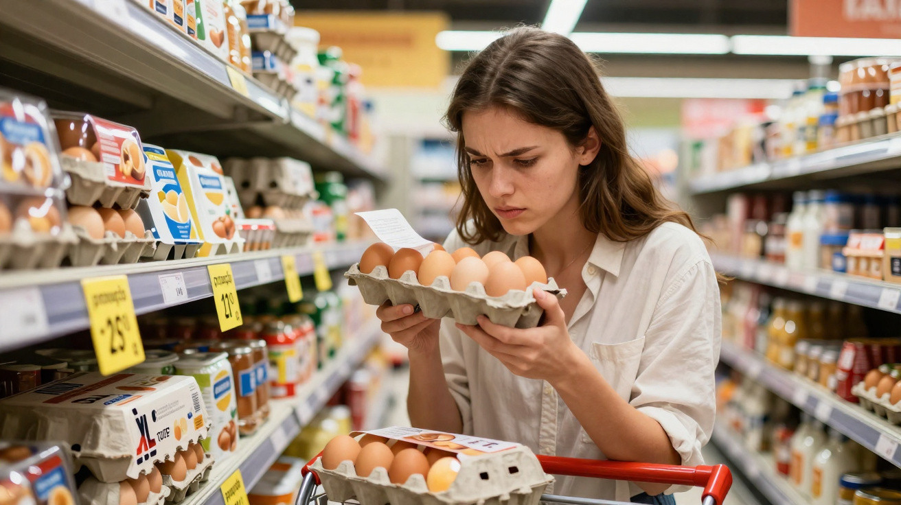 Mulher em supermercado a examinar uma embalagem de ovos enquanto lê informação no carrinho de compras.