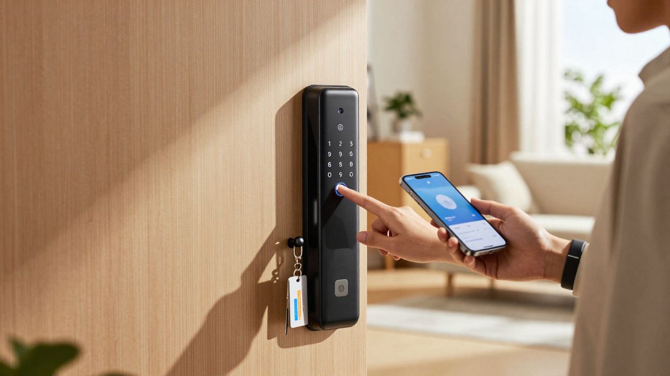 Pessoa a usar fechadura digital com teclado numérico e smartphone para aceder à porta.