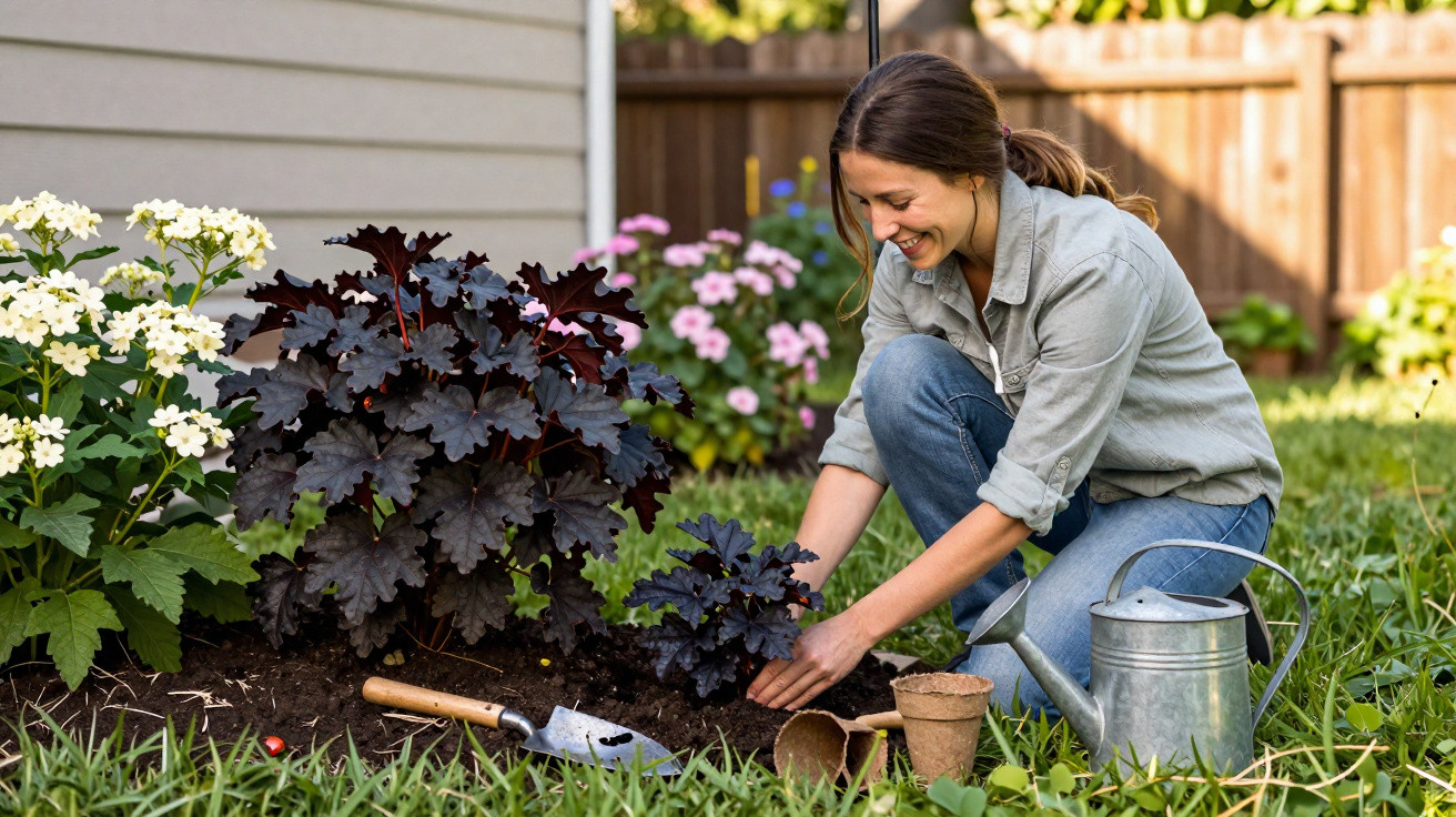 Mulher sorridente a cuidar de plantas num jardim com flores e joaninhas ao sol.