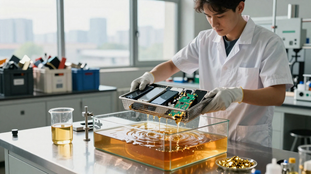 Cientista derrama líquido amarelo de bandeja com circuitos eletrónicos em tanque de laboratório.