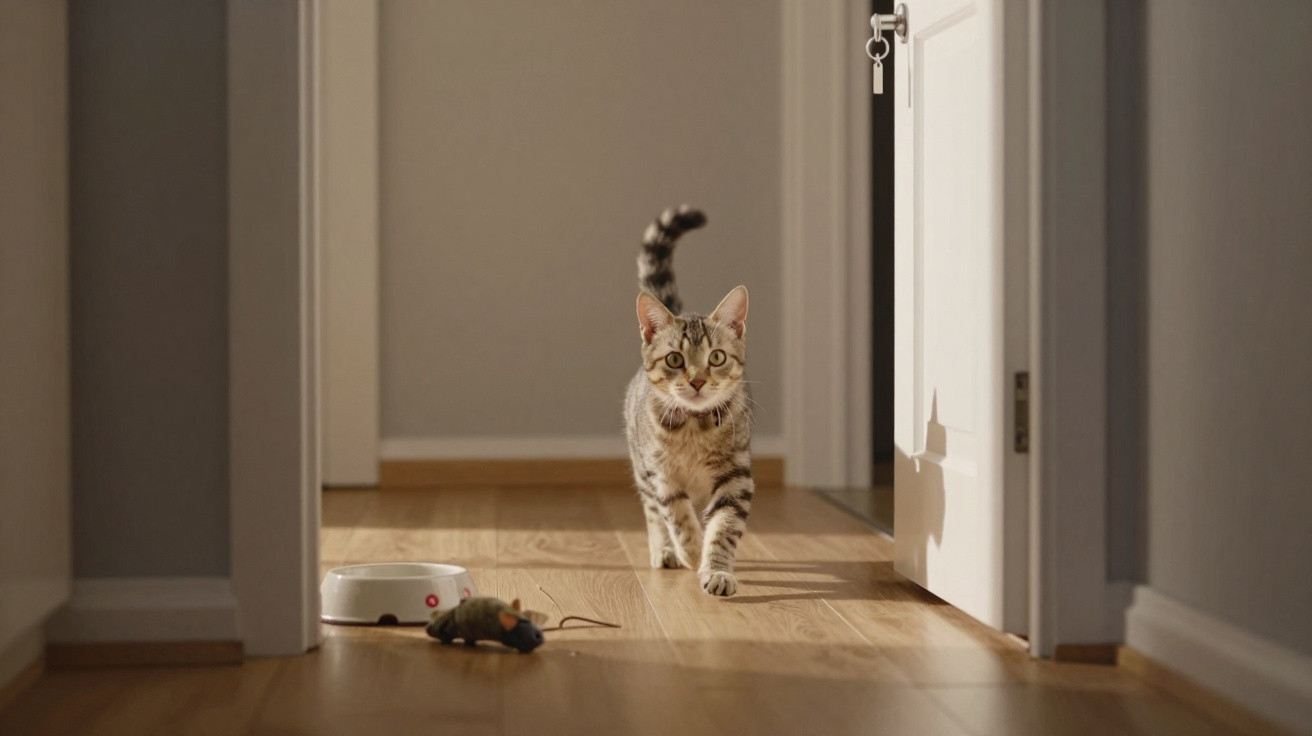 Gato tigrado a andar num chão de madeira em direção a um comedouro e um rato de brinquedo.