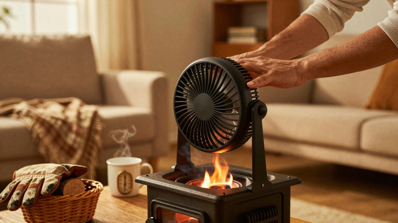 Lareira a lenha acesa com uma mão a posicionar um ventilador em ambiente acolhedor e sala ao fundo.