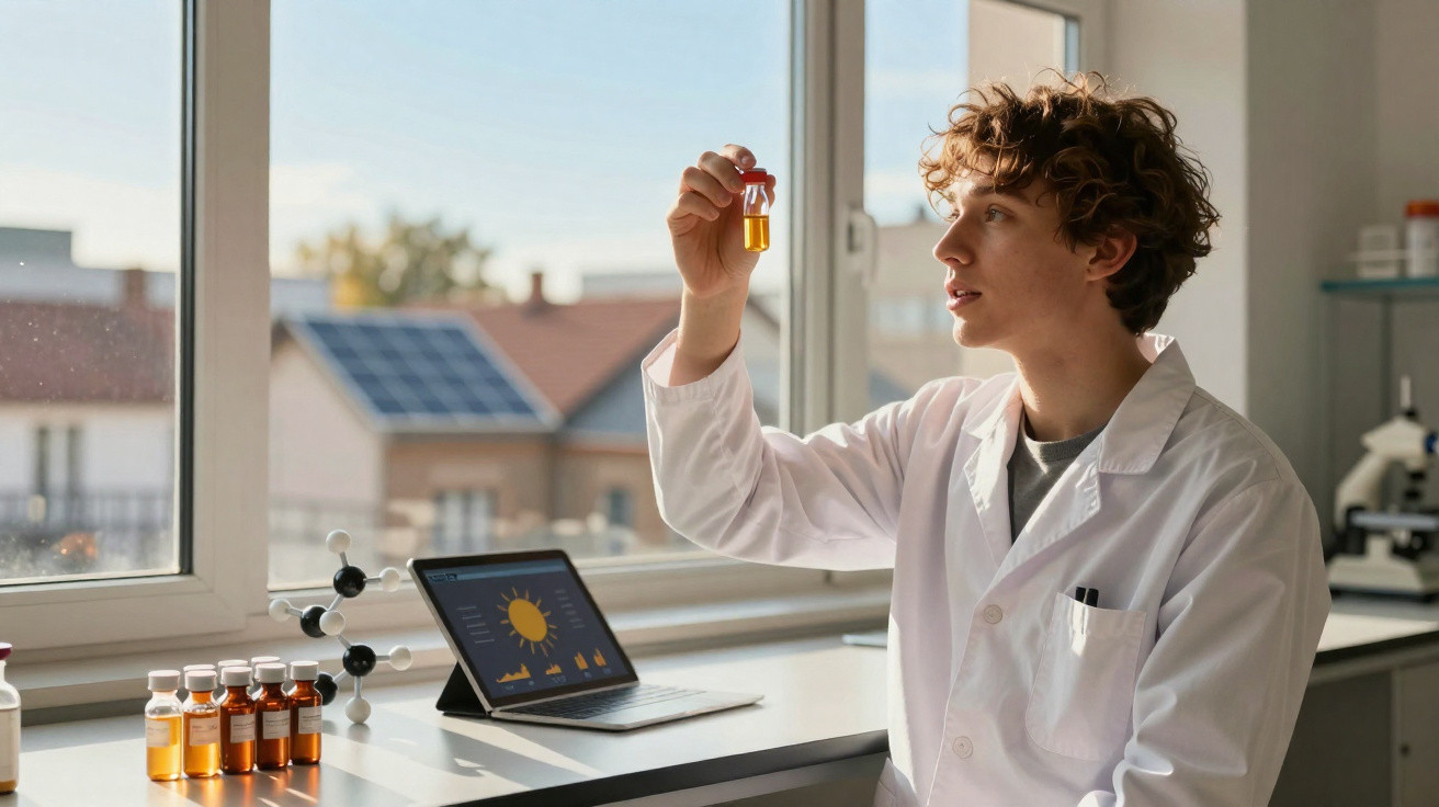 Cientista jovem com bata branca examina frasco com líquido num laboratório iluminado por luz natural.