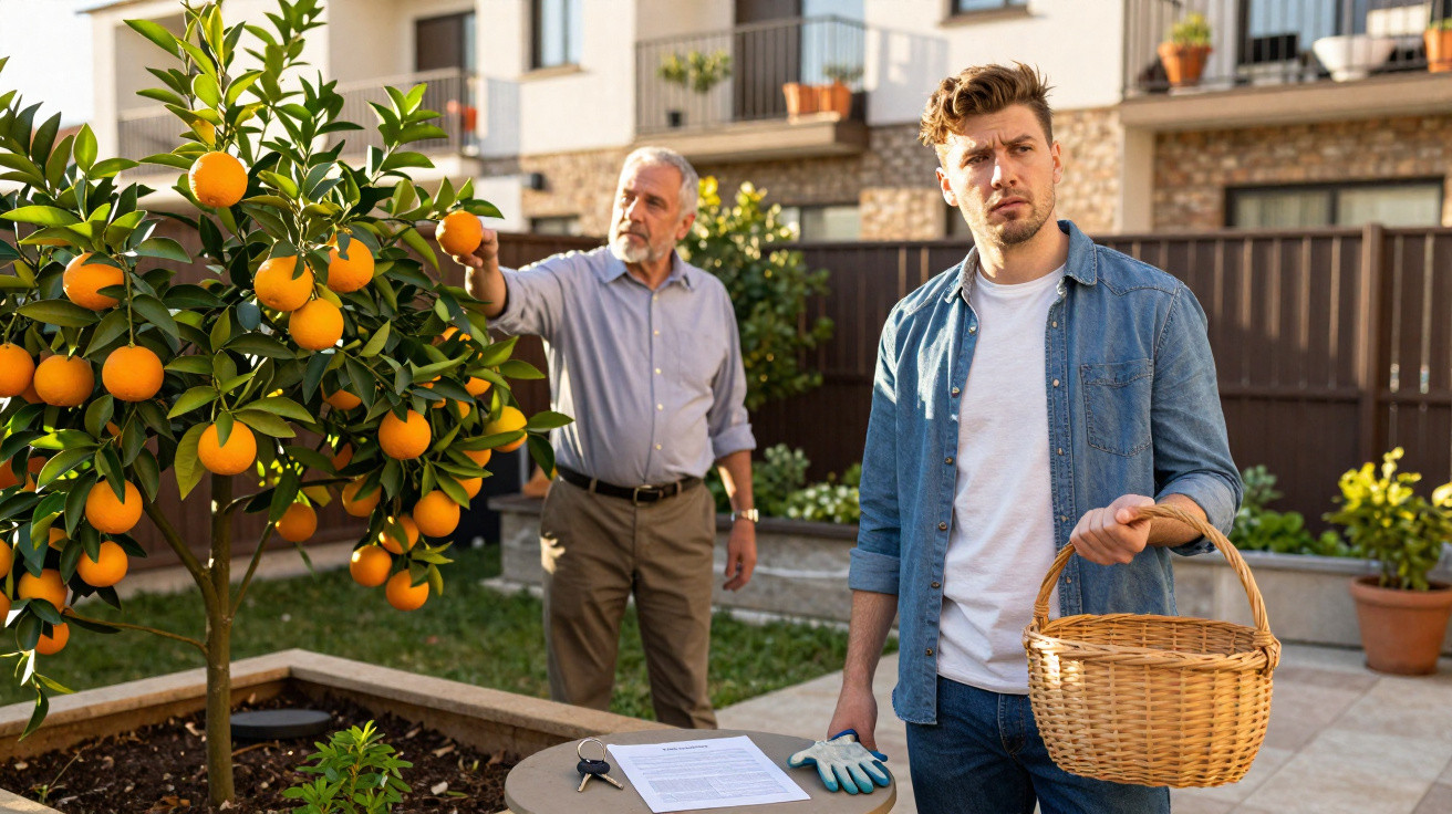 Homem com cesta e homem mais velho a colher laranjas num jardim junto a uma mesa com luvas e papelada.