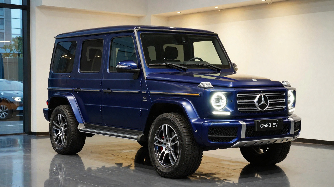 SUV Mercedes-Benz G560 EV azul estacionado em interior com faróis ligados e rodas grandes
