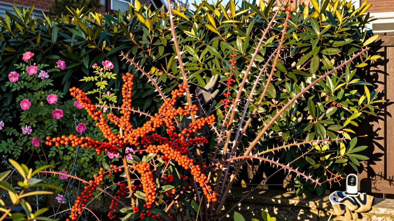 Planta com ramos espinhosos e bagas laranja e outra com bagas vermelhas ao lado de roseiras com flores cor-de-rosa.