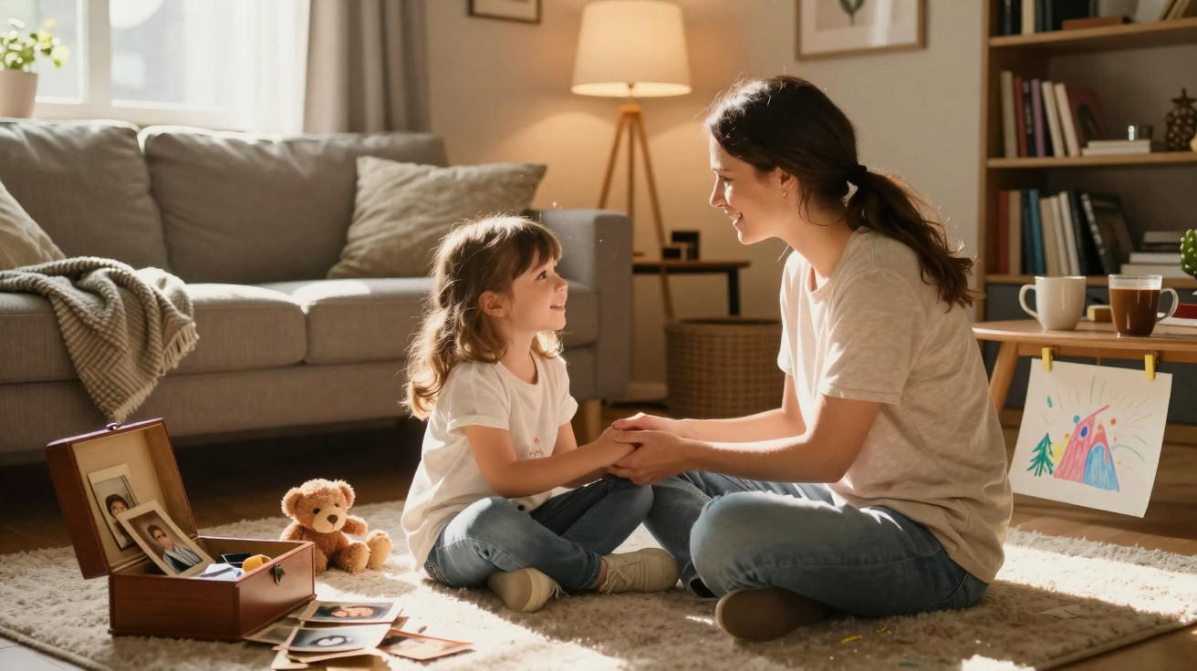 Mãe e filha sentadas no chão da sala a sorrirem e a segurarem as mãos, rodeadas por fotografias e brinquedos.