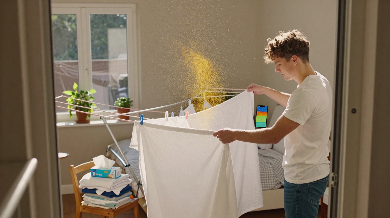 Homem a sacudir um lençol branco para remover pó amarelo num quarto bem iluminado.