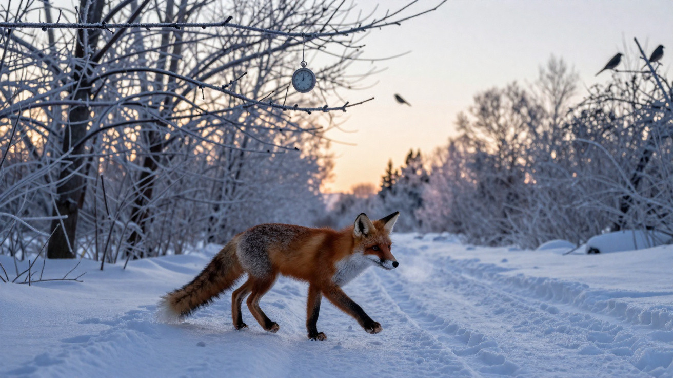 Raposa a caminhar na neve numa floresta com árvores cobertas de geada ao amanhecer e um relógio pendurado num ramo.