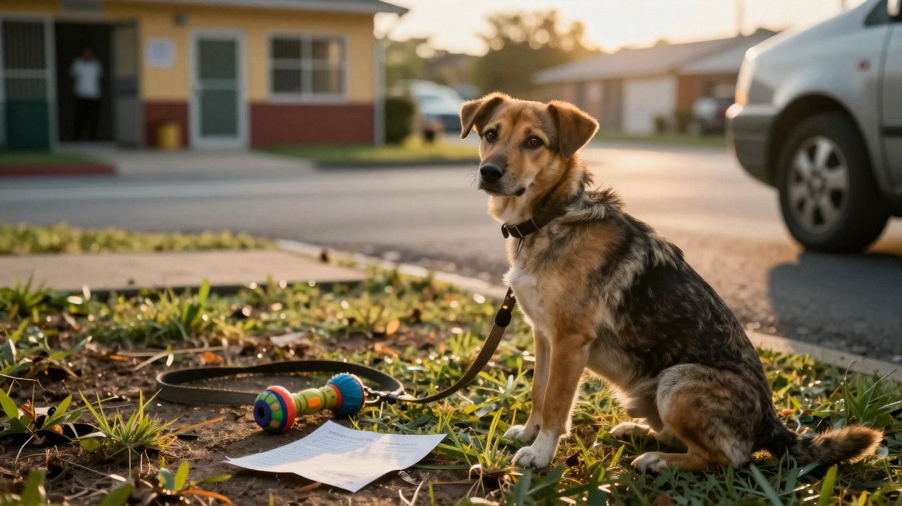 Cão castanho e preto sentado na relva junto a um brinquedo colorido e uma folha de papel ao lado de um carro.
