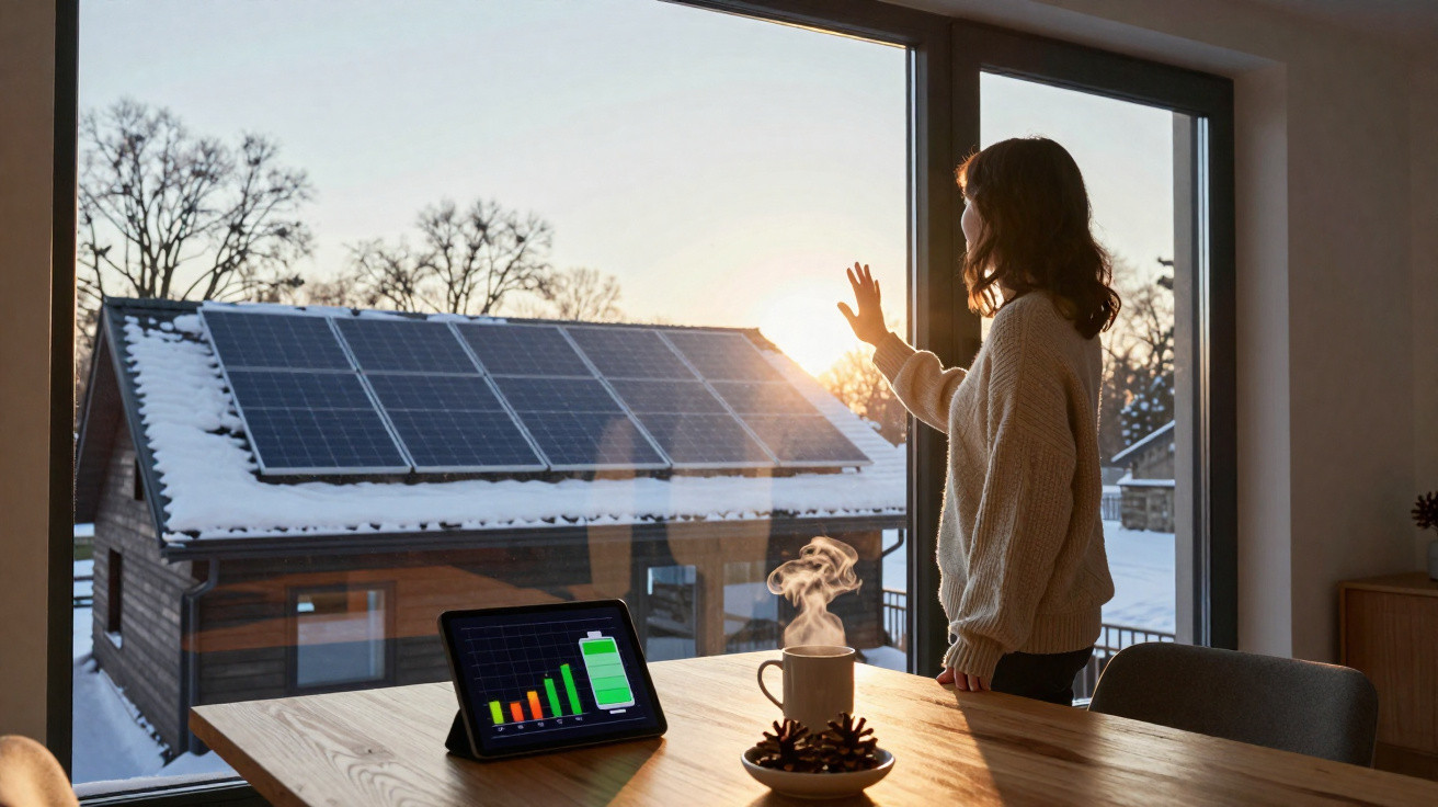 Mulher junto a janela olhando painéis solares num telhado coberto de neve ao nascer do sol.