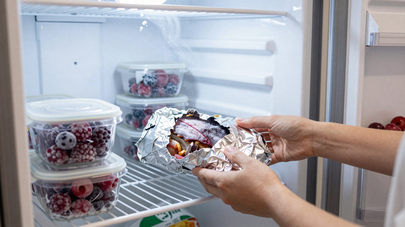 Mãos a colocar caco quente embrulhado em folha de alumínio dentro de um frigorífico com frutos congelados.
