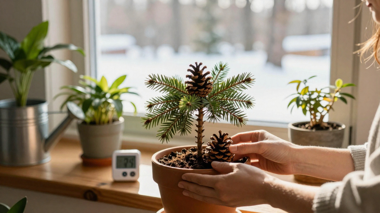 Mãos a cuidar de uma pequena planta de pinheiro num vaso junto a uma janela com outras plantas ao fundo.