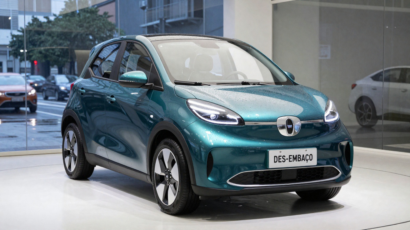 Carro citadino elétrico verde com matrícula personalizada DES-EMBAÇO em exposição numa sala iluminada.