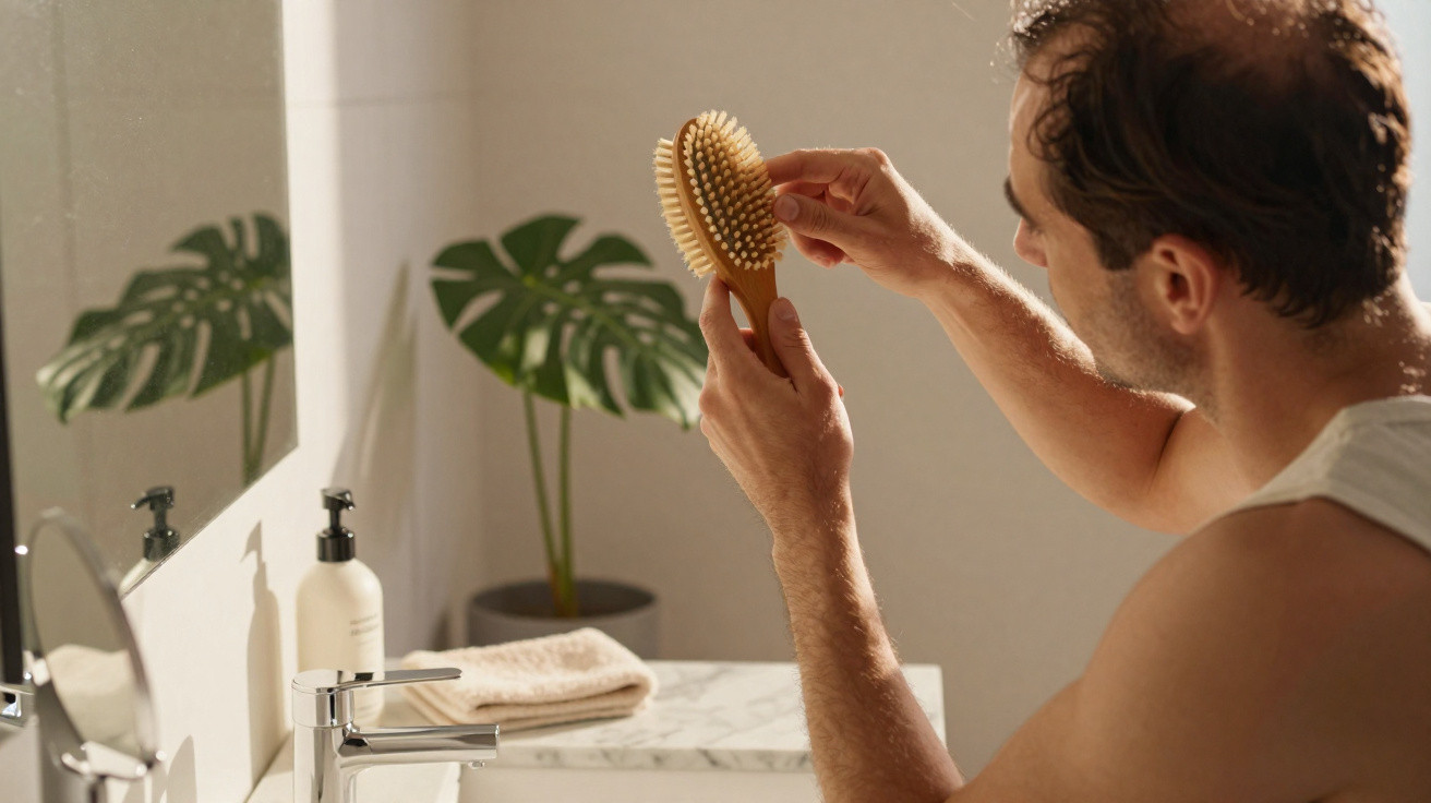 Homem penteia o cabelo enquanto se olha num espelho de mão na casa de banho.