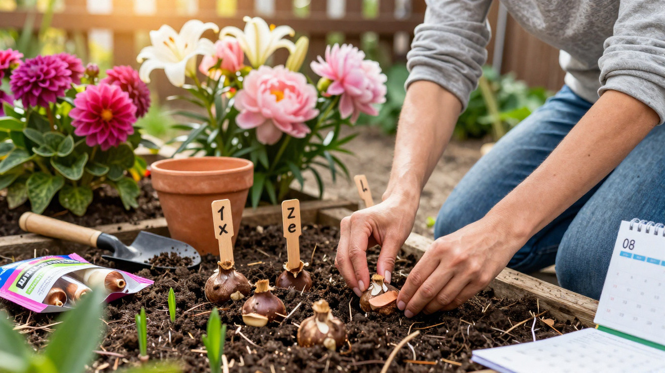 Pessoa a plantar cebolos com etiquetas de letras num canteiro de jardim florido na primavera.