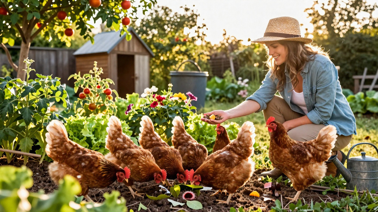 Mulher com chapéu alimentar galinhas num jardim com plantas e galinheiro ao fundo.