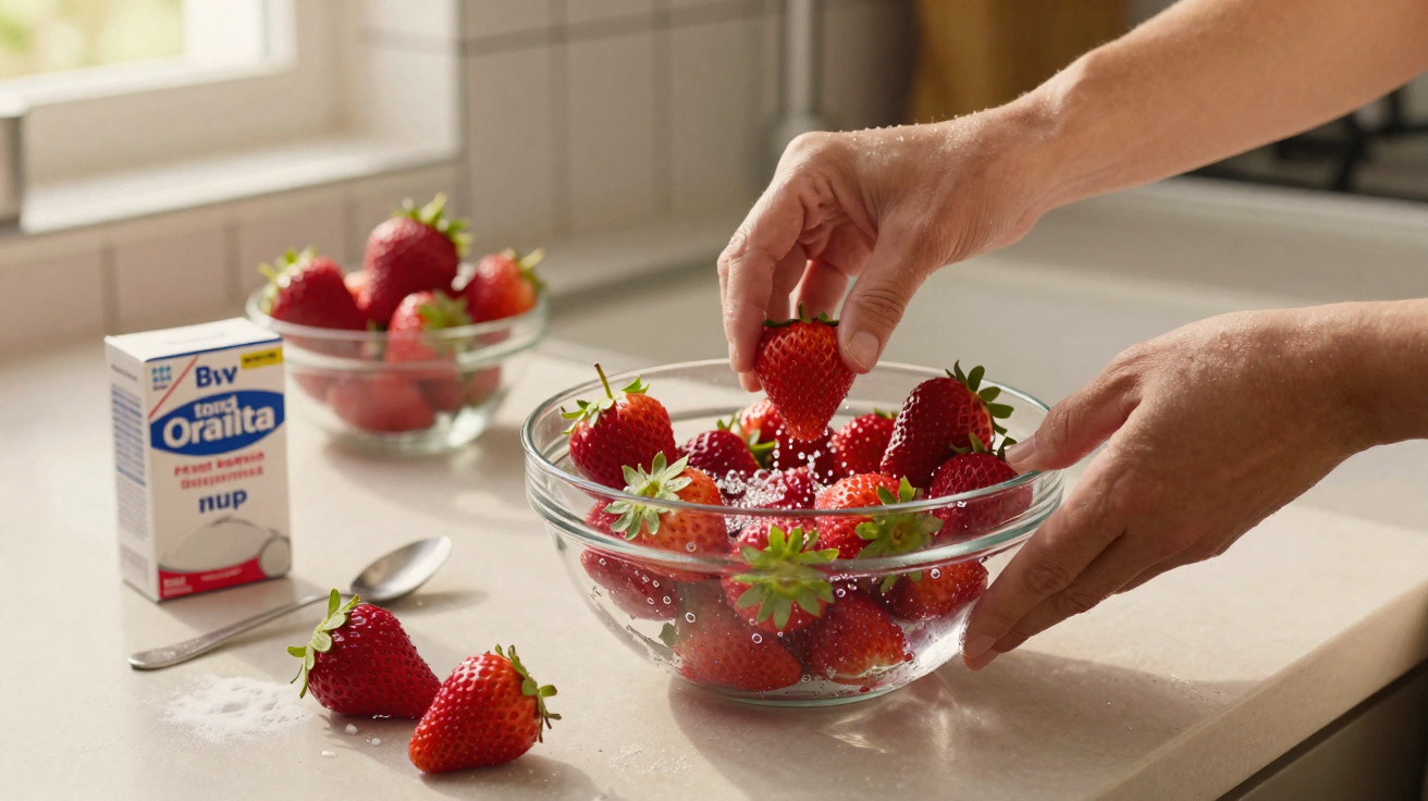 Mãos a apanhar morangos vermelhos frescos numa taça de vidro numa bancada de cozinha iluminada.