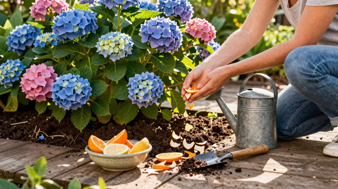 Pessoa a preparar adubo natural com cascas de laranja perto de plantas de hortênsia coloridas.
