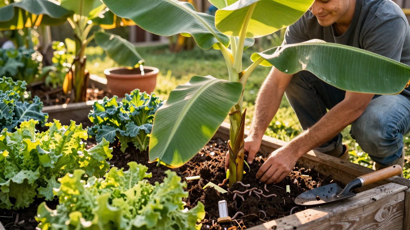 Homem a sorrir enquanto planta legumes num canteiro elevado sob luz natural ao ar livre.