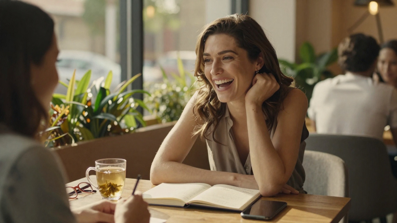 Duas mulheres conversam e sorriem num café, com livro, chá e telemóvel sobre a mesa.