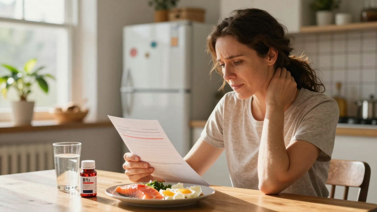 Mulher preocupada lê rótulo de suplemento vitamínico à mesa com prato de comida saudável.