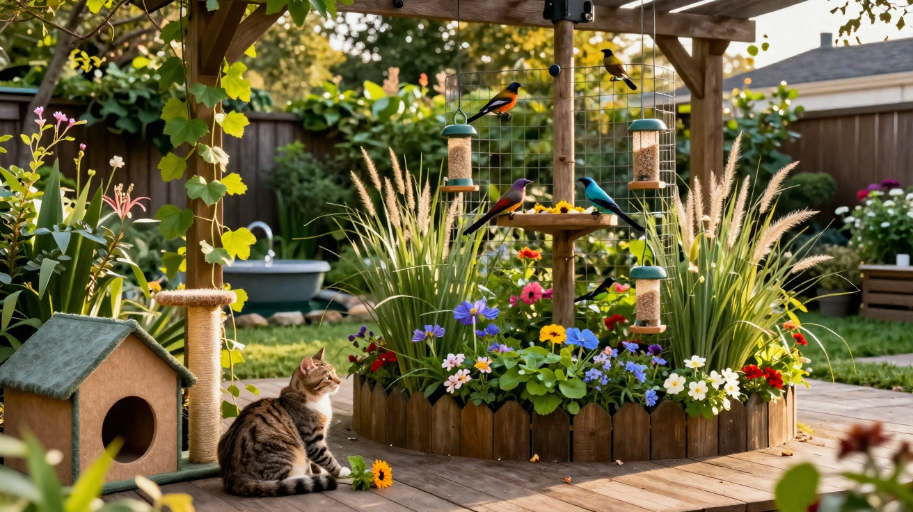 Gato deitado em jardim com diversas aves coloridas à volta de comedouro e flores vibrantes.