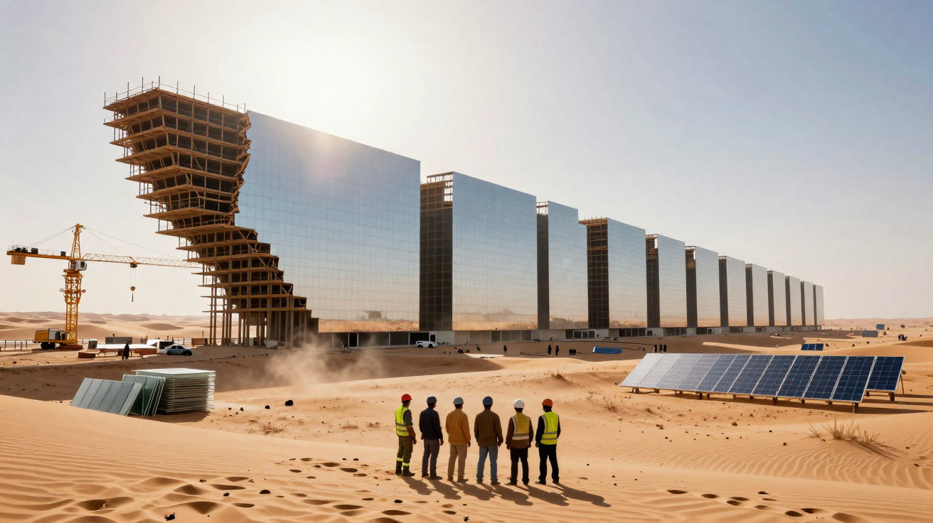 Construção futurista com edifícios espelhados e painéis solares no deserto, cinco pessoas de capacete observam.
