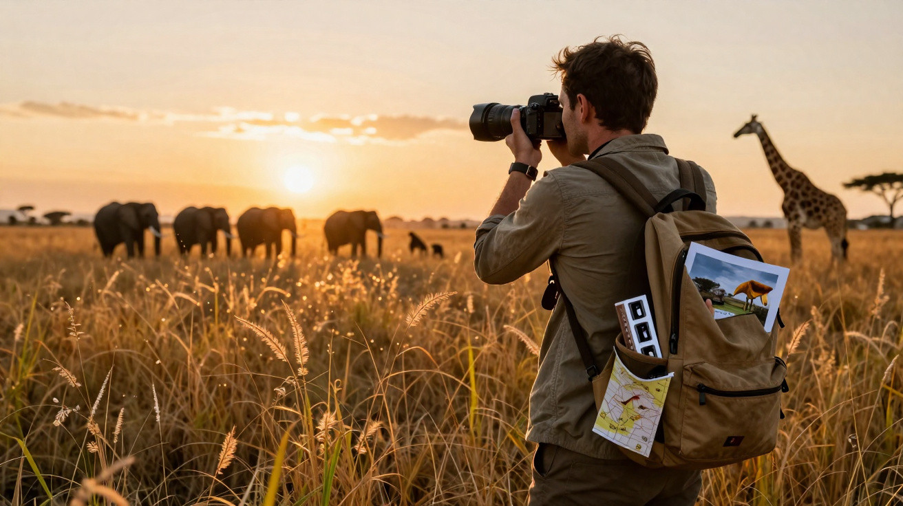 Homem com mochila fotografa elefantes e girafas numa savana ao pôr do sol.