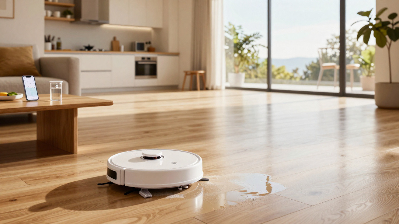 Aspirador robô branco a limpar chão de madeira num espaço moderno com cozinha e varanda ao fundo.