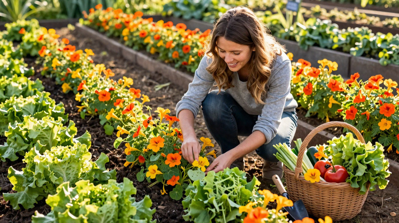 Mulher a cuidar de plantas e flores num jardim com cesta de legumes frescos ao lado.