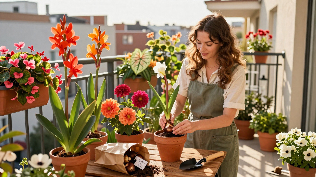 Jovem mulher a plantar flores vermelhas num vaso no terraço com várias plantas ao redor.