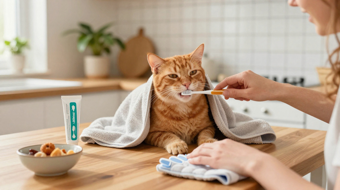 Gato laranja com uma toalha às costas sentado na cozinha enquanto lhe escovam os dentes com uma escova de dentes humana.