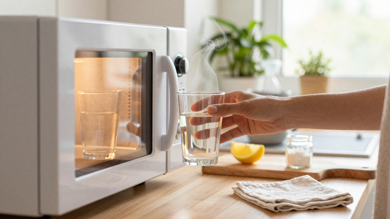 Mão a colocar um copo com água quente numa bancada de cozinha ao lado de um micro-ondas.