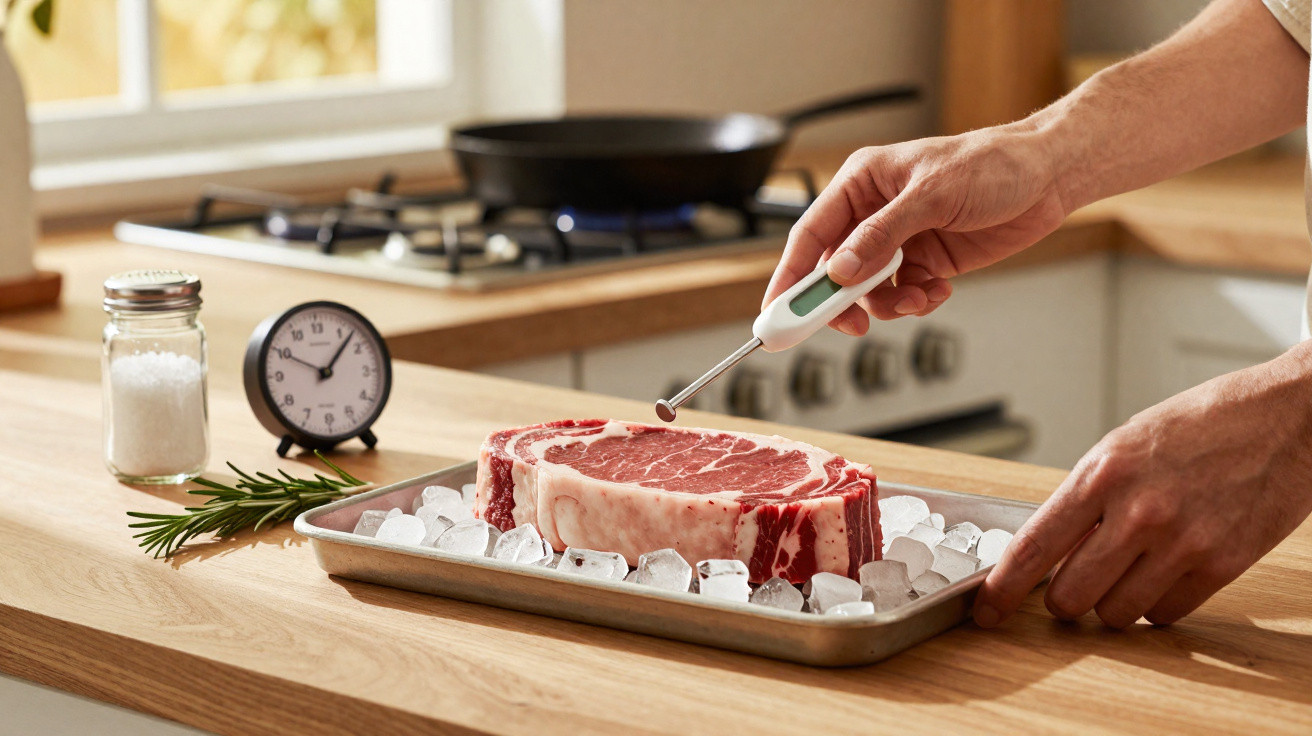 Pessoa a medir a temperatura de uma peça de carne crua sobre gelo numa bandeja na cozinha.