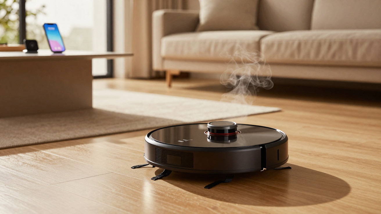 Robô aspirador preto a funcionar num piso de madeira numa sala com sofá e controlo remoto.